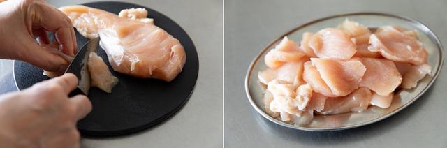 画像: 鶏胸肉は皮を取り、縦半分に切ってから、繊維を断ち切るように厚さ1cmのそぎ切りにする。厚い部分はさらに厚みを半分にして,同様に切る。