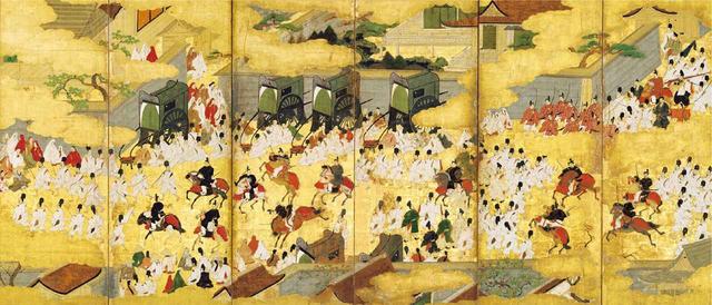 画像: 4 《車争図屛風(右隻)》 土佐光茂筆 室町時代・永禄3 年(1560) 京都・仁和寺蔵 京都会場展示期間:10月6 日〜11月1 日 六条御息所が生霊となって葵の上に取り憑く契機となった、賀茂祭での事件を描く。この図様はのちに、『源氏物語』の文脈を離れ、京の年中行事を描いた月次絵(つきなみえ)の「賀茂祭図」に用いられる例も見受けられる。本作を伝える仁和寺は「若菜」で、朱雀院が出家した「西山なる御寺」とされる寺という縁も。