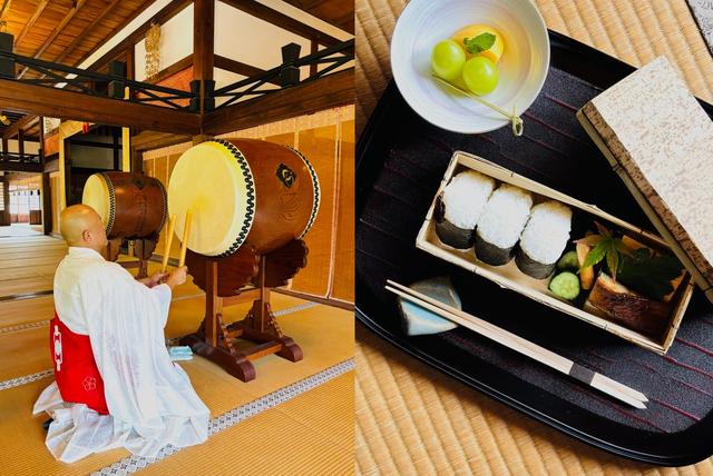 画像: 寺で太鼓体験などののち和朝食。WABISUKE卵の卵焼き、銀鱈、丹後新米の３種のおにぎり。佐賀嬉野の甘みのある葉隠味噌を使った味噌汁と