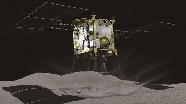 画像: 小惑星リュウグウにタッチダウンを行う「はやぶさ2」のイメージ図(JAXA提供)