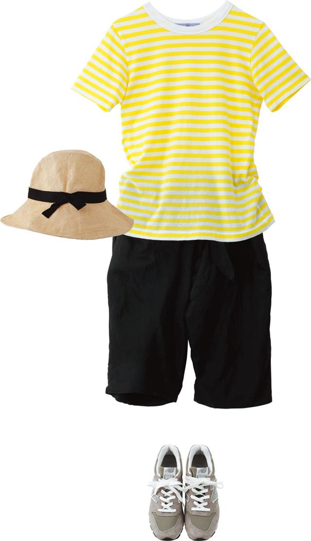 画像: 夏は、大好きな黄色を着ると元気になる。Tシャツとパンツは、ともに「オールドマンズテーラー」。つばが広めのストローハットは「クール」のもの。足元は、カジュアルに「ニューバランス」のスニーカーを合わせて