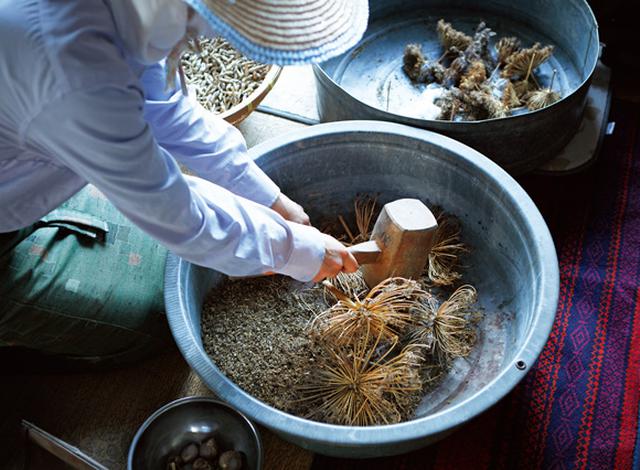 画像: 作物の実を乾燥させ、木槌で叩いて種を採種する