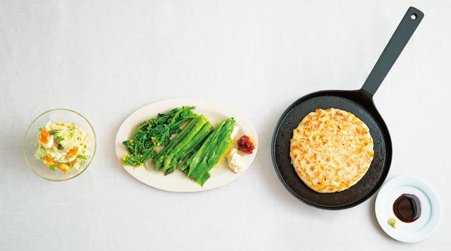 画像: 左から、山㟢さんのポテトサラダ、タナカさんのスチーム野菜にオイルとディップ、金子さんの大和いものお好み焼き