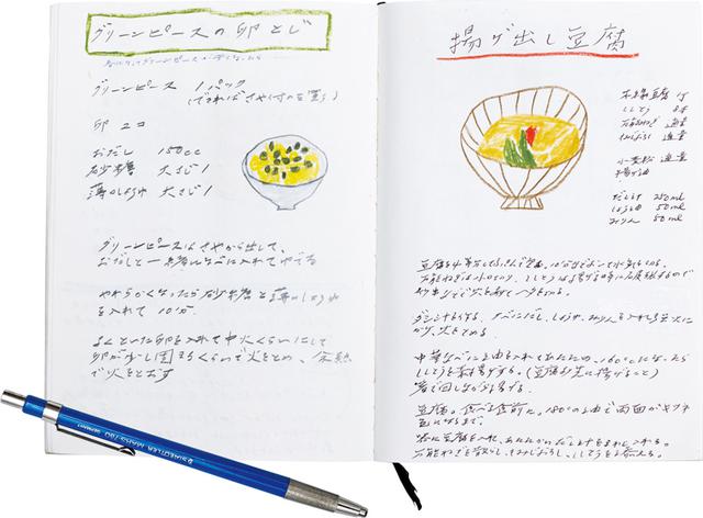 画像: 製図用のペンシルを愛用 ドイツの筆記具「ステッドラー」を愛用。柔らかい質感だけれど濃いニュアンスのある製図用のものを使用。スケッチも、すべてこれ レシピノートはイラストを添えて 気に入ったレシピは忘れないように書き写す。色鉛筆でイラストを描いて添えるのが奥村さん流。目当てのレシピも見つけやすい