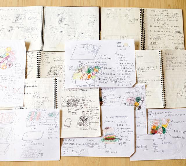 画像: スケッチブックは外出にも持ち歩き、アイデアが生まれた瞬間を逃さず描きつけているそう。献立帖をめくっていると、「おいしい」が生まれるまでの試行錯誤の道のりがみえ、ゴールに向かって走るあゆみさんの小さなつぶやきが聞こえるよう。