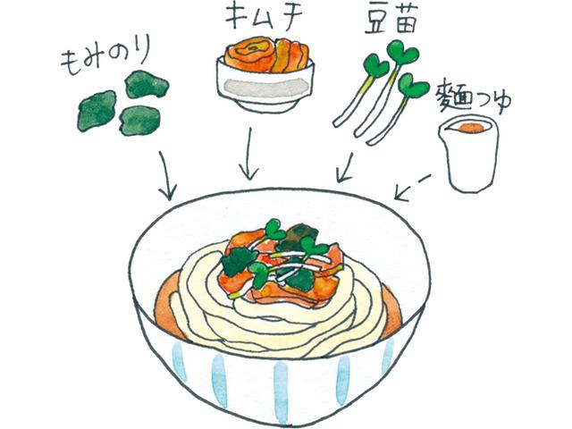 画像: キムチ、のり、豆苗を混ぜてビビン麵に