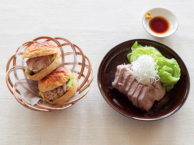 画像: (左)蒸し豚とキャベツのサンドイッチ(右)蒸し豚とキャベツの辛子じょうゆ添え