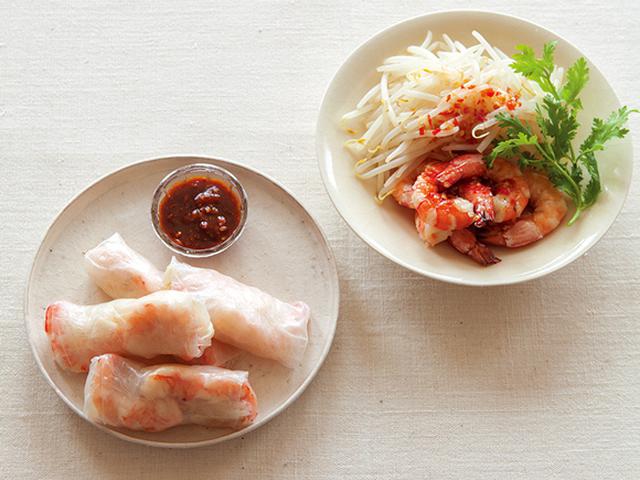 画像: (左)えびともやしの生春巻き(右)えびともやしのナンプラーチリソースがけ