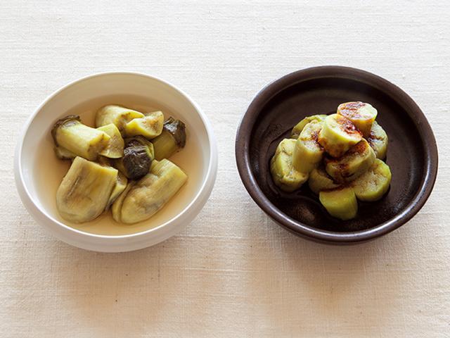 画像: (左)蒸しなすのおひたし(右)蒸しなすの辛子じょうゆ