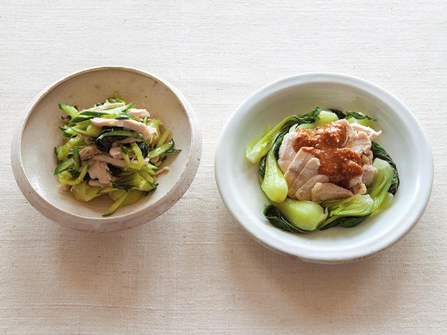 画像: (左)蒸しどりとチンゲン菜の塩だれあえ(右)蒸しどりとチンゲン菜のごま酢がけ