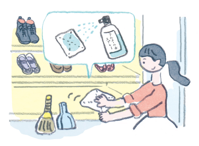 画像: 靴箱は35%のアルコールスプレーで除菌。湿気対策でなるべく扉を開けて風を通す