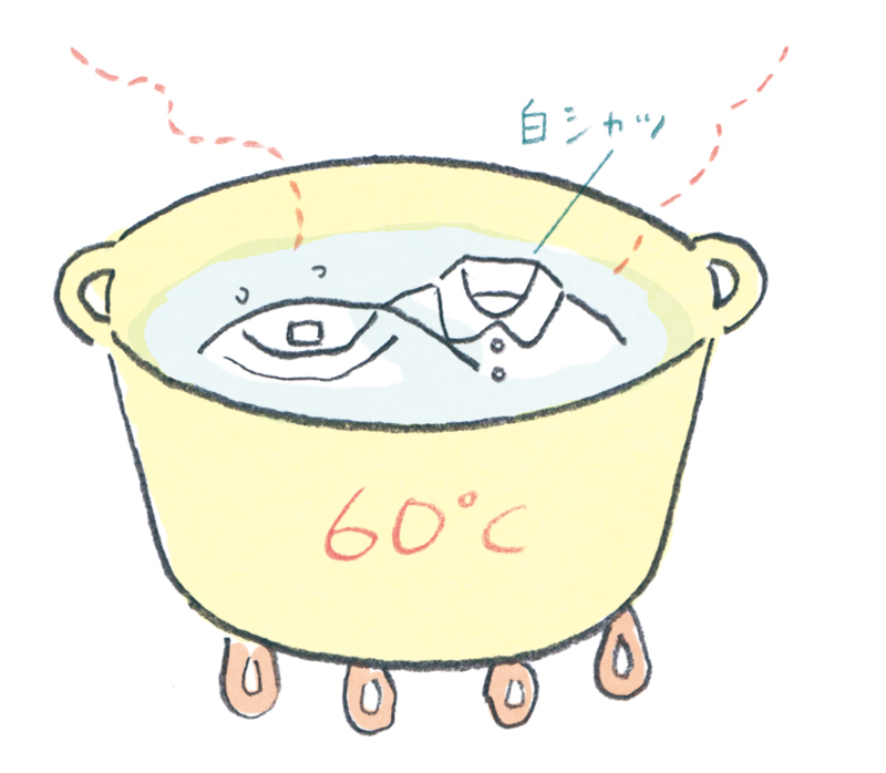画像: 白シャツと過炭酸ナトリウム、水を鍋に入れて火にかけ、60℃で火を止めて放置