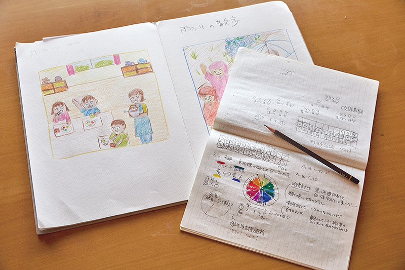 画像: 左は保育士の実技試験のためのスケッチ、右は筆記試験の勉強のノート