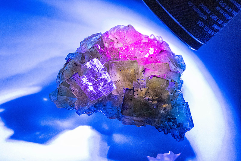 画像3: ブラックライトを近づけると、ピンク色に見えるフローライト。写真はカメラマンの「配慮」で色を強調していて、肉眼ではもう少し地味な発色に見えました