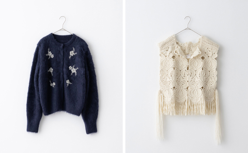 画像: 左)ビーズ刺繍モヘアニットカーディガン 71,500円/エリテ(ケイエムディファーム) 右)レース編みジレ  64,900円/エンリカ