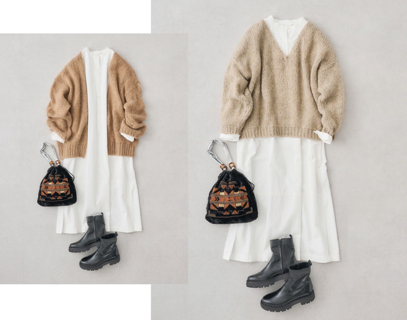 画像: シャツワンピース　42,900円／プレインピープル Vネックニット　16,280円／トリコット ジーン マルク（セムインターナショナル） バッグ　 13,200円／ザ バグマティ（セムインターナショナル） ブーツ　20,790円／エネス（セムインターナショナル） そのほか、スタイリスト私物