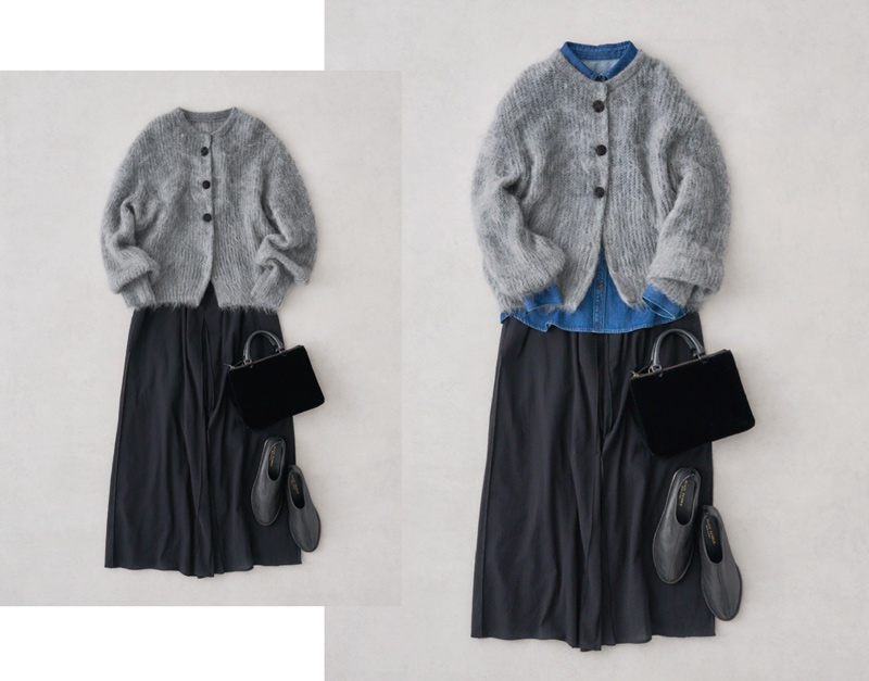 画像: モヘアカーディガン　46,200円／エリテ（ケイエムディファーム） デニムシャツ　30,800円／レキップ パンツ　42,900円／プレインピープル バッグ　35,200円／アデュートリステス シューズ　35,200円／プレインピープル