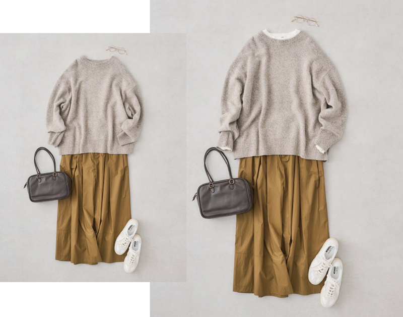 画像: クルーネックニット　26,400円／ロワズィール ワイドパンツ　35,200円／プレインピープル バッグ　19,800円／アデュートリステス メガネ　47,300円／アイヴァン（トリップ ルミネエスト新宿店） スニーカー　34,100円／ノヴェスタ（ノヴェスタ ジャパン） そのほか、スタイリスト私物