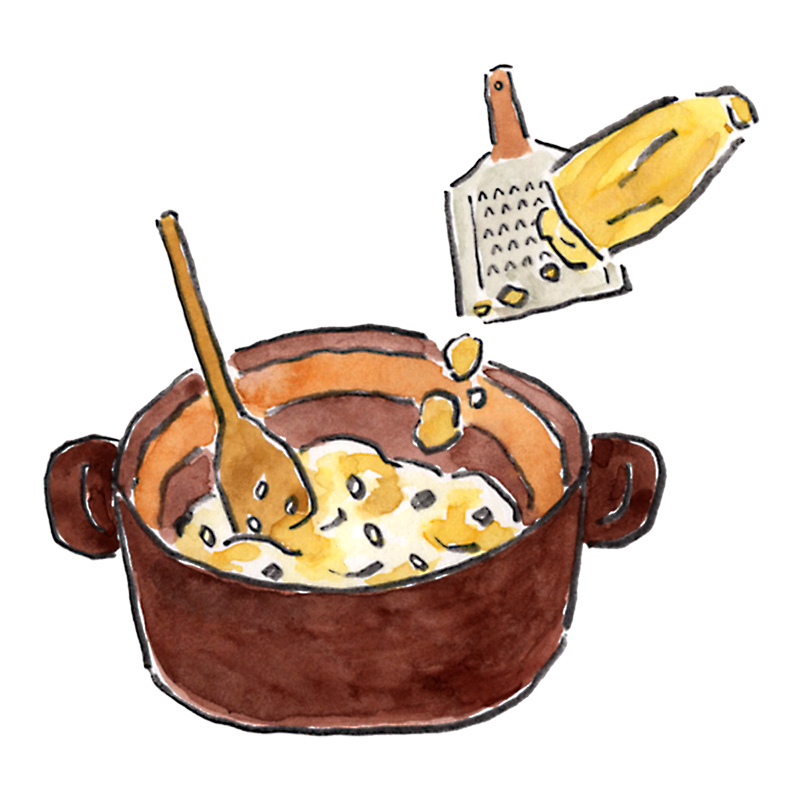 画像: 変色を防ぐために、さつまいもをすり下ろしたらすぐにお粥に加えて混ぜ合わせる