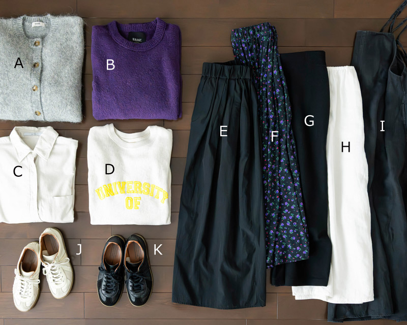 画像: A. グレーニットカーディガン B. パープルプルオーバーニット C. アイボリー起毛シャツ D. ロゴスウェット E. ブラックボリュームスカート F. 花柄ギャザースカート G. ブラックタイトスカート H. ホワイトフレアスカート I. ブラックキャミワンピース J. ホワイトジャーマントレーナー K. ブラックジャーマントレーナー