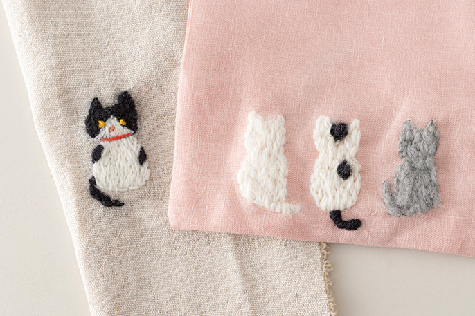 画像: 正面を向いた猫の姿も試作。楽しい想像で刺しゅうの幅を広げて