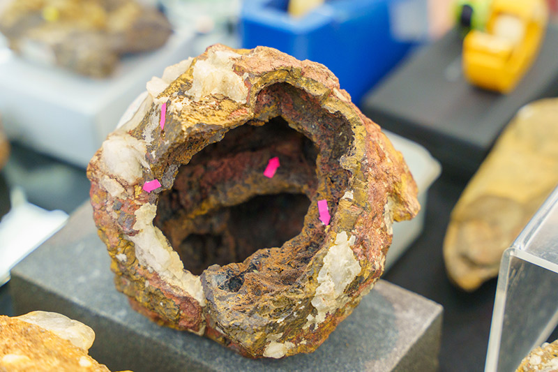 画像: 自然金が含まれた礫岩。矢印の部分にご注目ください