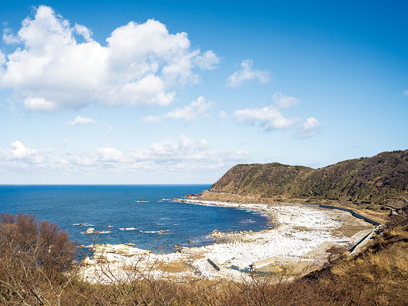 画像: 能登半島国定公園に指定されている猿山一帯。猿山岬に向かう途中に、森さんの新しい農家民宿ができる。写真は建物からの眺め。周辺の海底は約5.5ｍ隆起したといわれる。「岩が上がって、まるで古代遺跡みたいなんですよ。異世界です」と森さん
