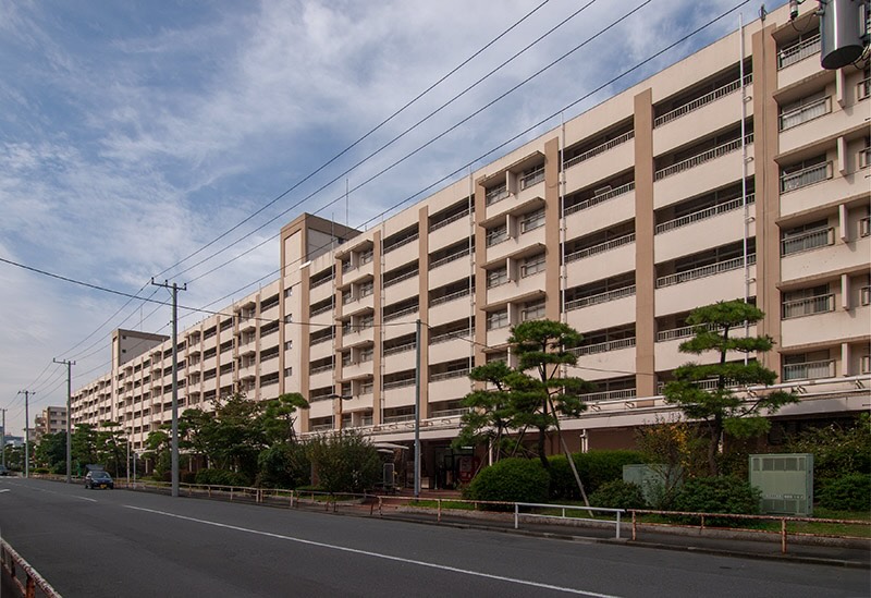 画像: こちらは同じ50号棟を2011年に撮影したもの。なぜか電柱が設置されていますが、これはおそらく道路の手前側の住棟の建て替えが進んでおり、住棟の屋上を通していた電線が使えなくなったための代替処置ではないかと思われます