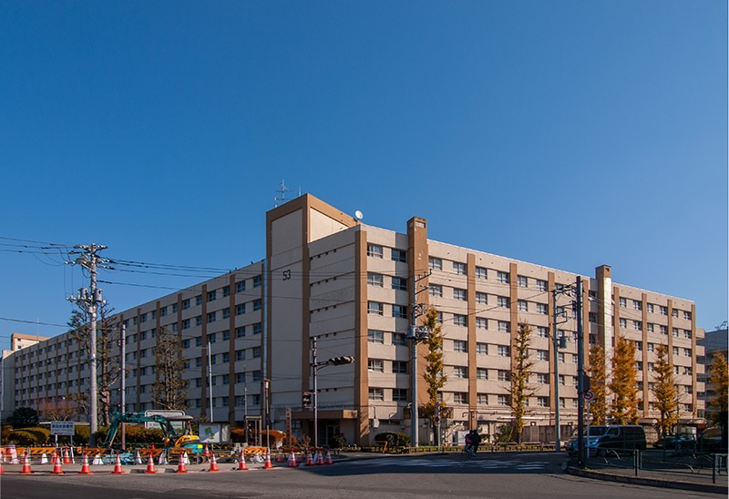 画像: 城壁タイプを外側から見た様子。右の建物が単身者用の53号棟。一見つながって見える建物ですが、角で構造上の縁が切られていたり、建物が分断したりしていて、実は4棟の建物からなっていました