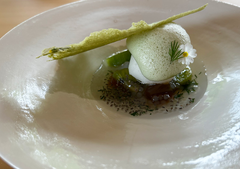 画像: ディルのスープ ほうじ茶のジュレ ディルと花の抹茶豆乳チュイール 抹茶の泡 緑豆餡
