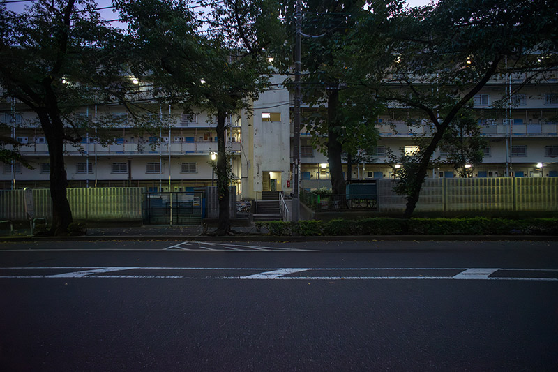 画像: N-32号棟よりも低い位置に建つN-53号棟の道路側からの写真です。 N-53号棟とN-32号棟の2棟のメゾネット住棟は横並びに隣接しているのですが、これほどの高低差があるわけです