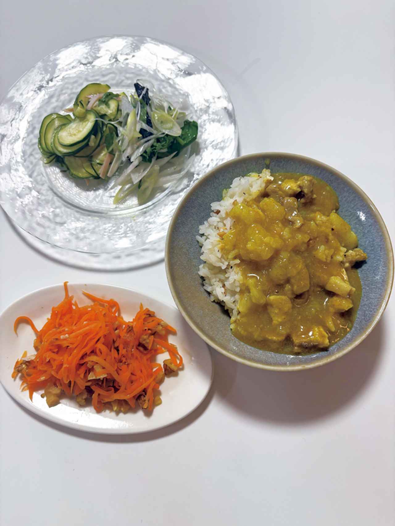 画像: 夜ごはん 豚肉と長いものカレー、クレソンと長ネギと海苔のサラダほか