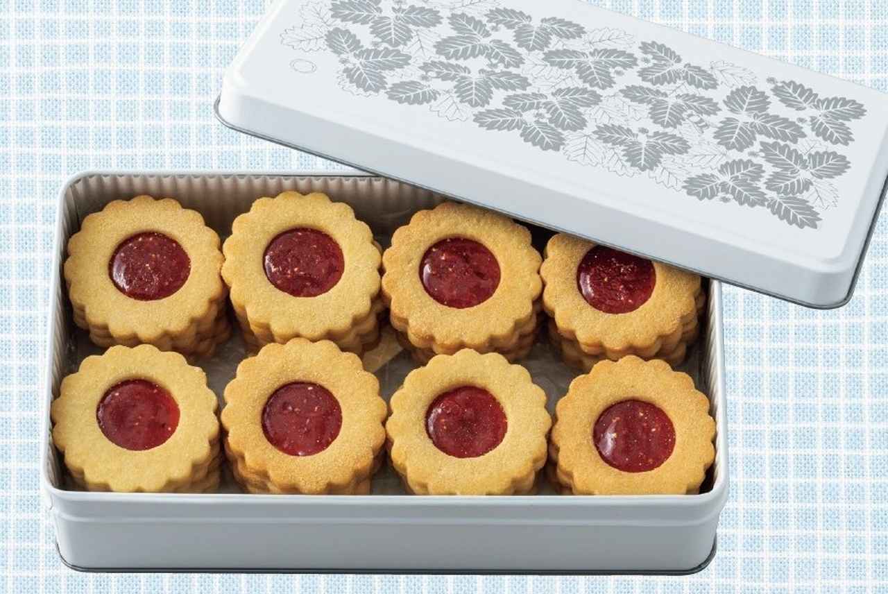 画像: 「いちご大福と茶菓のお店 あか」の「アカサンド クッキー缶」。いちごジャムをサンドしたクッキーがぎっしり