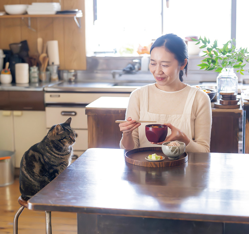 画像: 猫のシマちゃんに見守られながら食事。ごはんに具だくさんの味噌汁、漬物といったシンプルな献立が定番