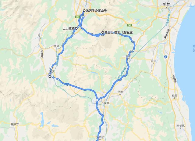 画像: 蔵王を中心にグルっと、山形県南東部を周遊する感覚。時間帯によってエコーラインの下りは混雑するので、山形側に降りることができるのは、ありがたい。©︎2019 Google
