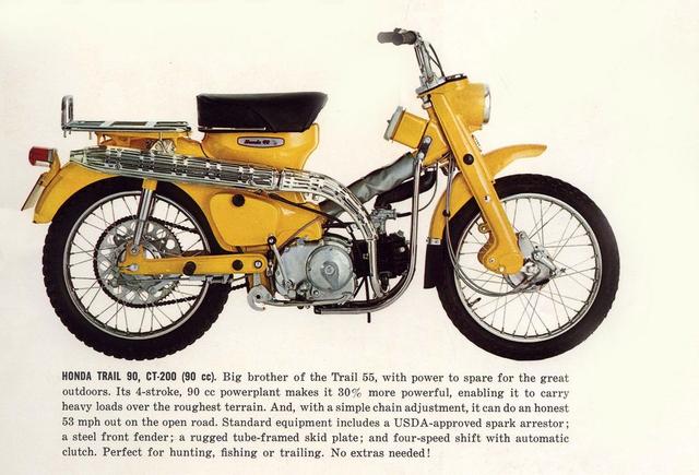 画像: 1965年カタログに掲載された、トレール90 CT200。OHV50/55ccのC100/105系では、重たいガイジンさんにはパワー不足ということで、1960年代半ばにはOHV90ccのC200/CM90系をベースとするCT200が登場します。 www.pinterest.de
