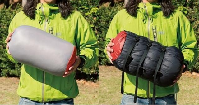 画像: 左がダウンハガー。右のバロウバッグより収納サイズが小さく、軽量。バロウバッグは収納袋にベルトが付属し、収納時に圧縮できる。