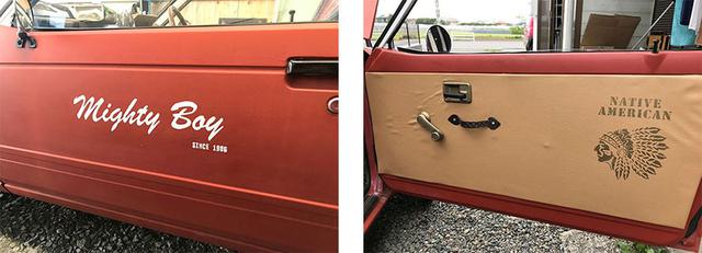画像: サイドの車名はデザイナーの友人による手書き。ドアの内張りも、ダッシュボードと同じ雰囲気の合皮を使用して、ぐっと締めた。