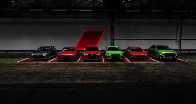 画像: 左から、Audi RS 6 Avant、Audi RS 7 Sportback、Audi RS Q3、Audi RS Q3 Sportback、Audi RS 4 Avant、Audi RS Q8。