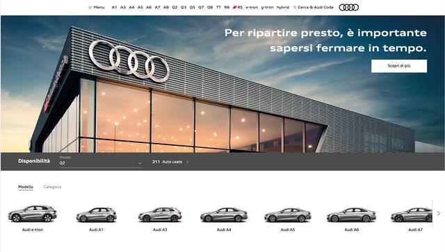 画像: イタリアにおけるAudiのオフィシャルサイト。「いち早く再出発するためにも、今止まることが大切です」と、家にいることを促している。上部にある「g-tron」の文字にも注意。