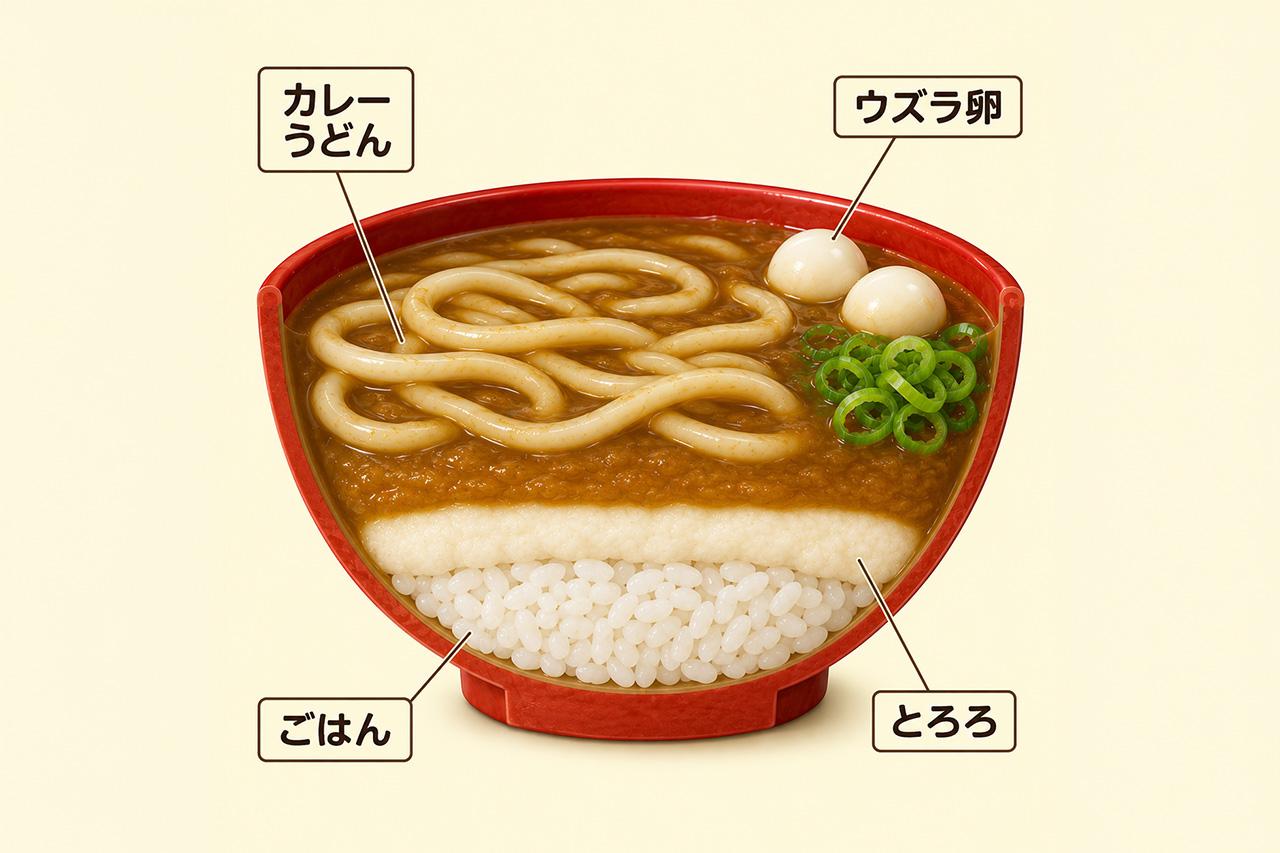 画像: 生成AIで豊橋カレーうどんのイメージをつくりました。実際はここまでごはんの量は多くないと思います。