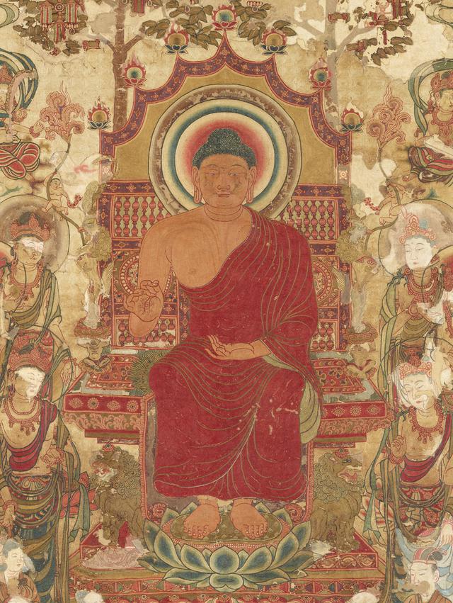画像: 国宝 刺繡釈迦如来説法図(部分) 飛鳥時代または唐時代(8世紀) 前期