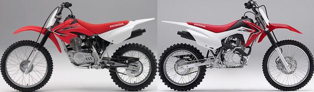 画像: 軽量級マシンの代表格、HONDA CRF100F(写真左)とCRF125F(同右)。"ヒャク" はダートトラックトレーニングにおける名車だが、2013年をラストイヤーに、セル付きでMade in China工場の125Fに代替わり。新型は国内オーダーが年100台限定、プライスタグは30万円だが、新車入手可能な数少ないエントリーモデル。いずれも全長約1,900mmで車重90kg以下。ノーマルホイールは前19・後16インチだがまずは前後17インチ化を勧めたい。
