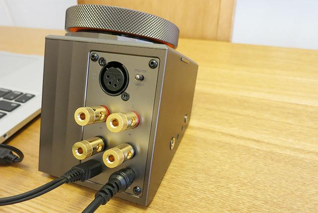 画像: リア部にはスピーカー端子とmicro USB端子、4ピンのXLRバランス端子およびスピーカーのON/OFFスイッチが装備されている