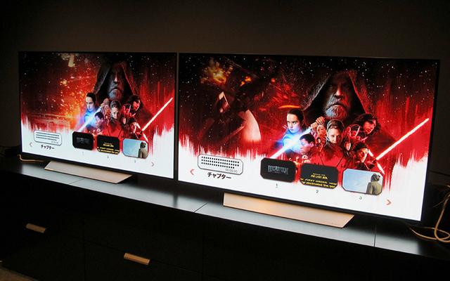 画像: 同じテレビとプレーヤーを2台並べて比較試聴を実施した。写真左はBlu-rayで、右はUHD Blu-ray