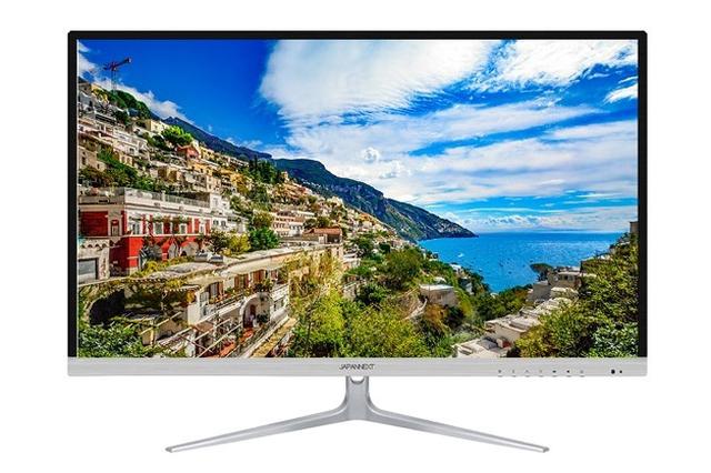 画像: JN-IPS320UHDRの寸法/質量は幅730×高さ517×奥行240mm/9.9kg。ベゼルはアルミニウム製で幅は9.5mm。チルト機構を備えたスタンドが付属する
