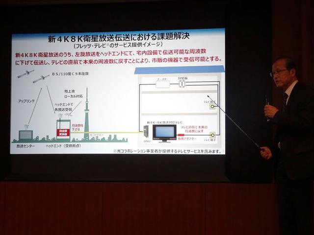 画像: フレッツ・テレビのサービスのイメージ図。左旋円偏波を使った高周波の信号も、現行の帯域に変換して伝送されてくるので、家庭内では今までの配線がそのまま使える。4Kテレビの直前に、今回発表の専用アダプターを取り付けることで、新4K8K衛星放送が見られるようになる