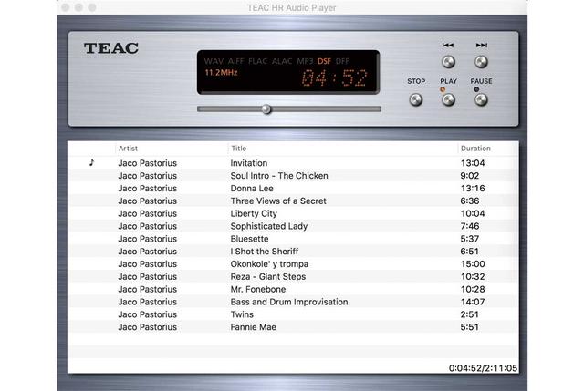 画像: ティアックは専用の再生ソフトウェア「TEAC HR Audio Player」を用意している。Windows/Mac両方があり、対応サンプリング周波数は同じだ(画像はMac版)。これまではDSDは11.2MHzまでの対応だったが、先日のアップデートでDSD 22.6MHz、PCM 768kHz/32ビットまでに対応できるようになった。同社他製品でも使えるソフトウェアだが、再生できるサンプリング周波数はDACに依存するので注意いただきたい