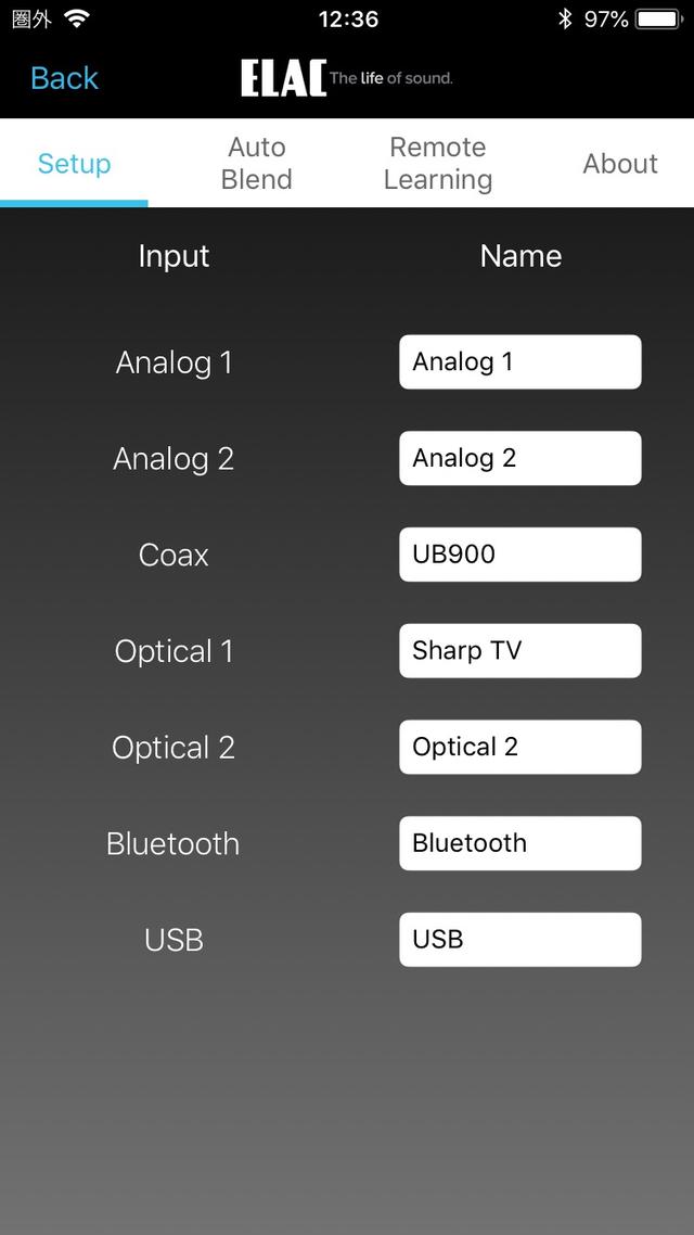 画像: 【1】EA101EQ-Gアプリは、iOSもしくはAndroid端末に提供されている。入力選択や音量調整のほか、トーンコントロールや入力のリネーム機能、ディマー機能などにも対応する