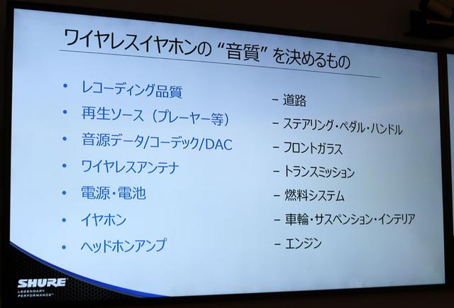 画像: ワイヤレスの音質に関する項目を自動車に例えて、の図。肝はアンプ=エンジンが大事、という結論